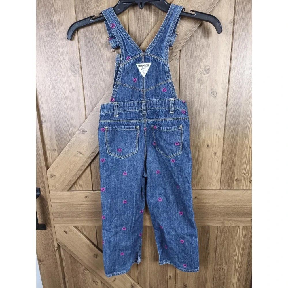 OshKosh B'Gosh Girls 4T Denim Overalls Pink Heart Embroidered Bib Jeans